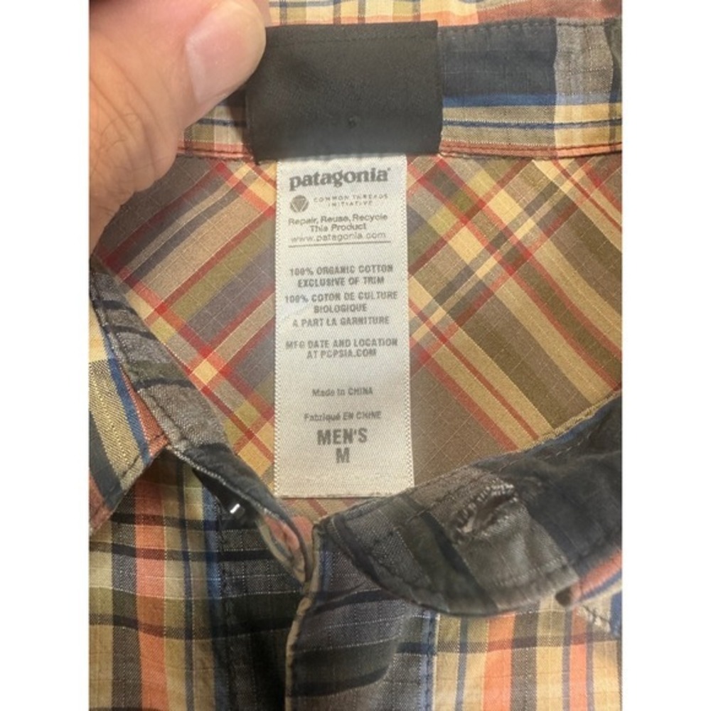 Patagonia Western Shirt Mens M Blue Orange Organic Cotton Ripstop Plaid Flawed - Picture 6 of 8